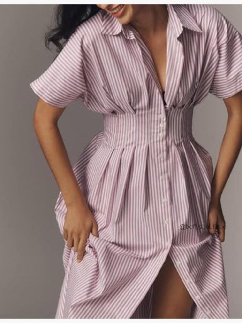 Striped Button Down Pleated Shirt Maxi Dress Summer Lapel V Neck Short Sleeve - Picture 3 of 5